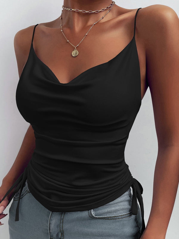 Spaghetti Strap Singlet Top with Cowl Neck and Side Ties