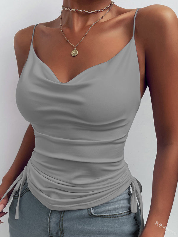 Spaghetti Strap Singlet Top with Cowl Neck and Side Ties