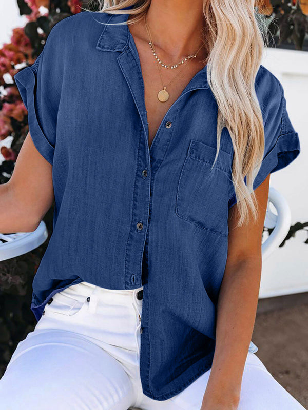 women's casual lapel denim short sleeve shirt
