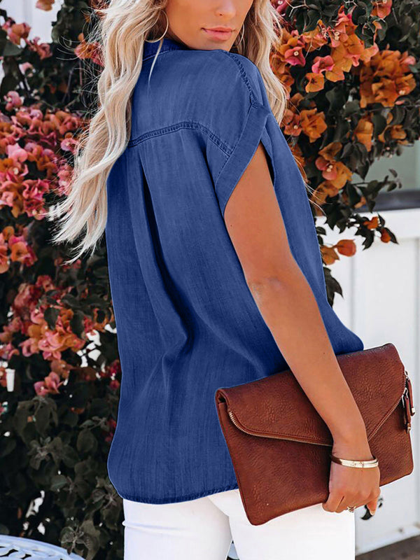women's casual lapel denim short sleeve shirt