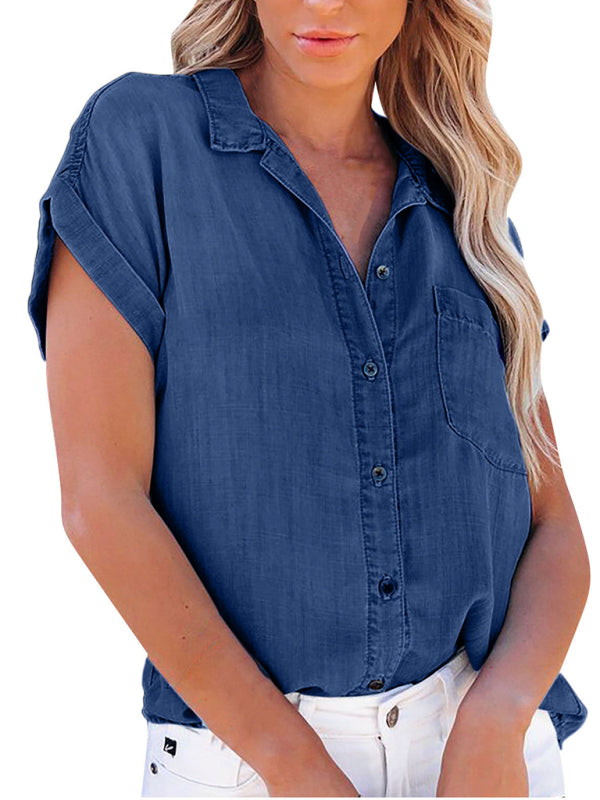 women's casual lapel denim short sleeve shirt