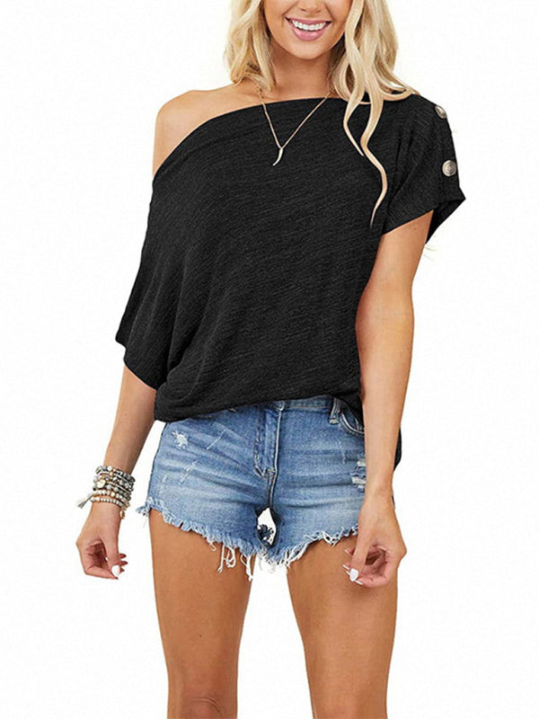 Women's Solid Color Off-the-shoulder Button Detail Top