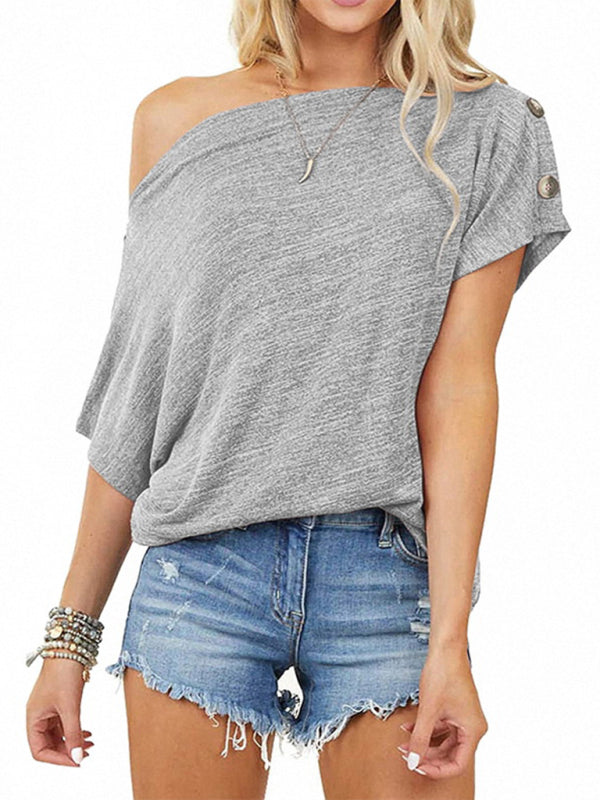 Women's Solid Color Off-the-shoulder Button Detail Top