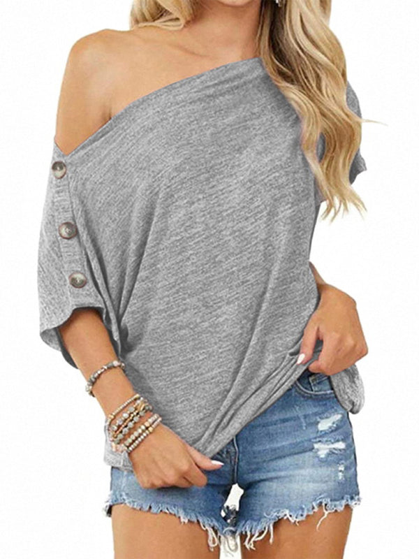 Women's Solid Color Off-the-shoulder Button Detail Top