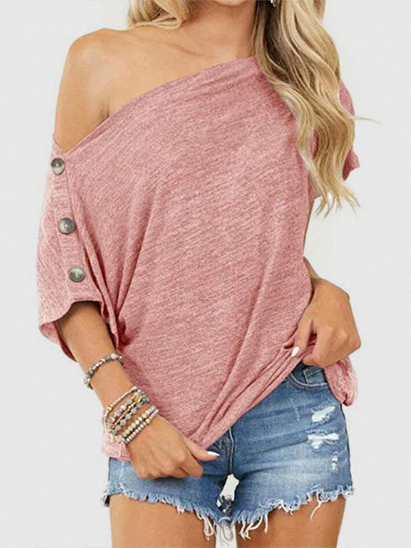Women's Solid Color Off-the-shoulder Button Detail Top