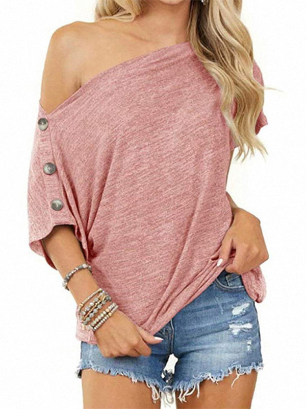 Women's Solid Color Off-the-shoulder Button Detail Top