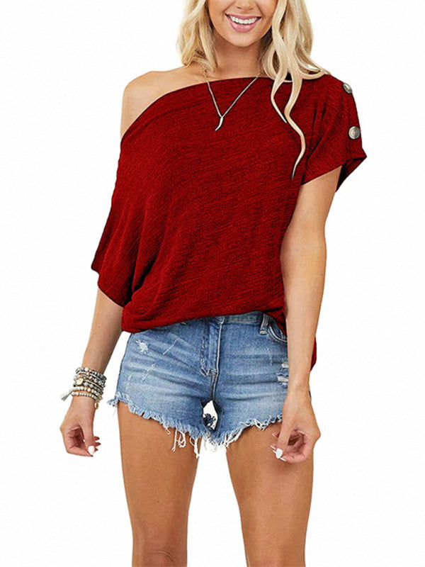 Women's Solid Color Off-the-shoulder Button Detail Top