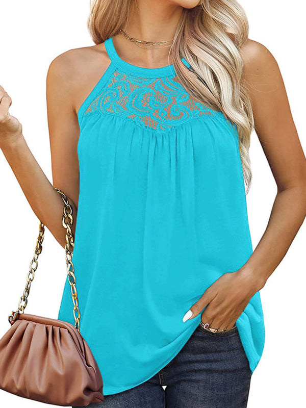 Women's Solid Color Lace Panel Sleeveless Tank Top