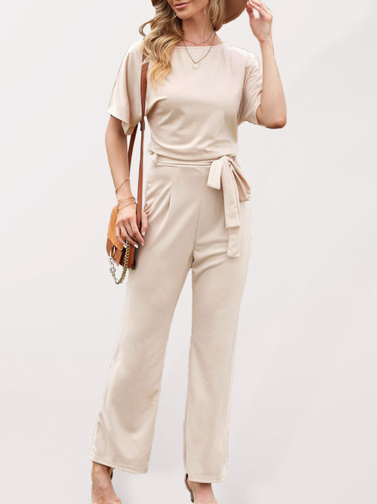 Women's Solid Color Crewneck Waist Tie Belt, This Short Sleeve Jumpsuit Pants