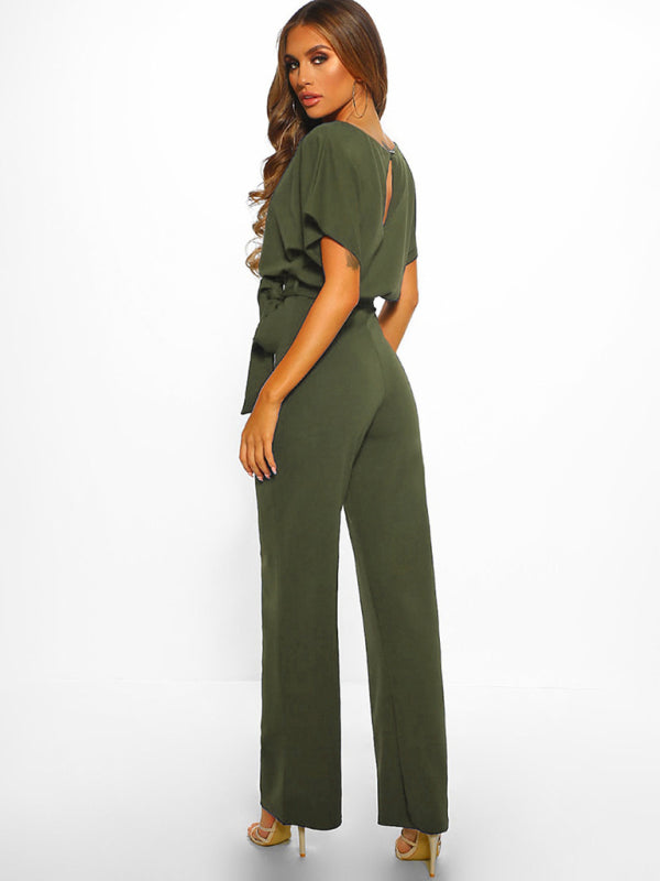 Women's Solid Color Crewneck Waist Tie Belt, This Short Sleeve Jumpsuit Pants