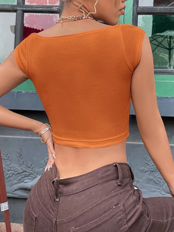 Women's Knitted Sexy Square Neck Open Back Cropped Vest
