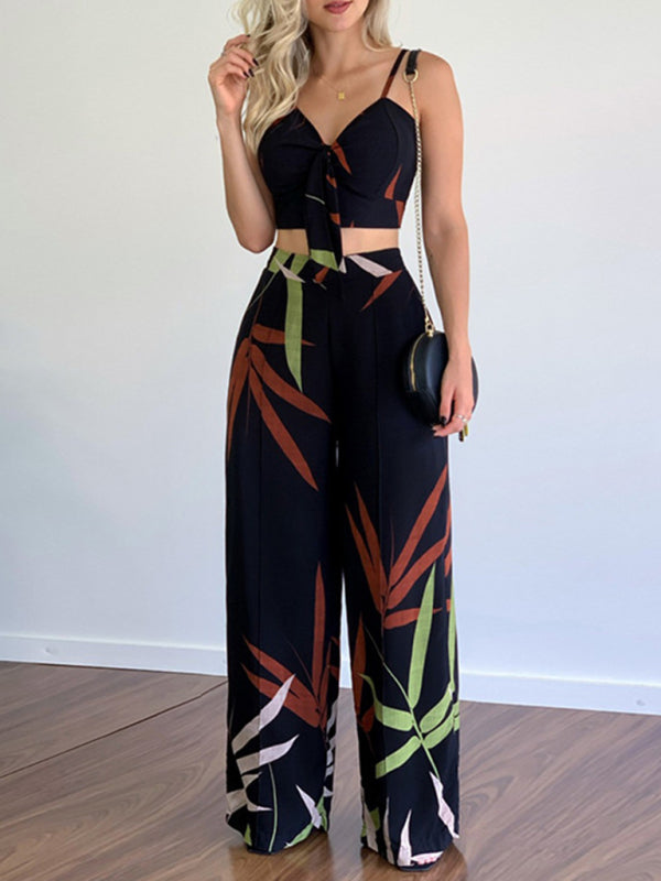 V-neck Top & High-waist Printed Pants Set