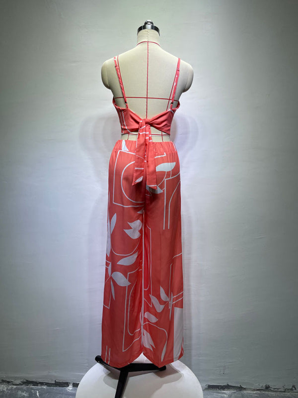 V-neck Top & High-waist Printed Pants Set