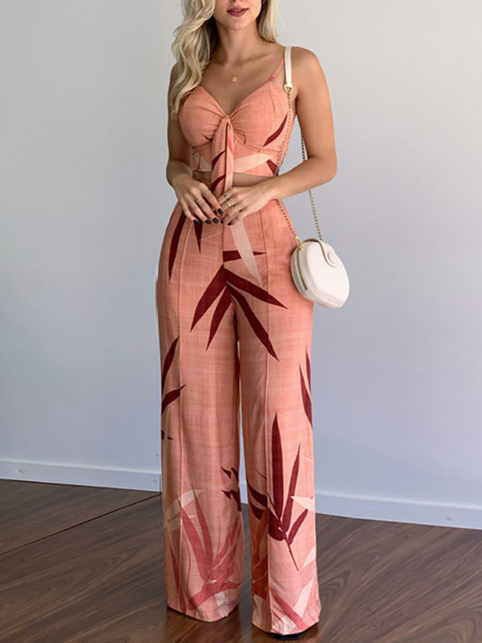 V-neck Top & High-waist Printed Pants Set