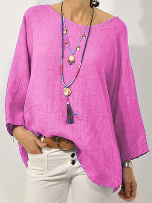 Top Solid Color Cotton Linen Round Neck Raglan Sleeve Cropped Sleeve Blouse