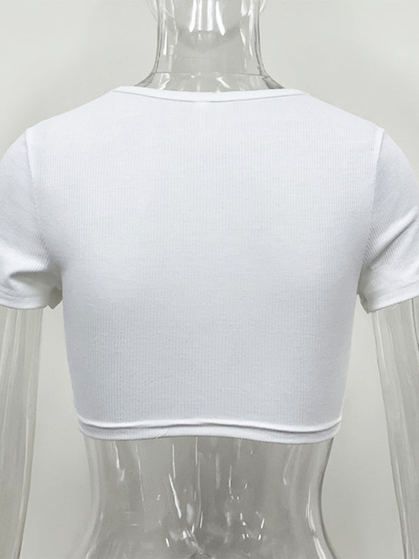 Women's pit bar exposed navel short cut-out round neck short-sleeved T-shirt