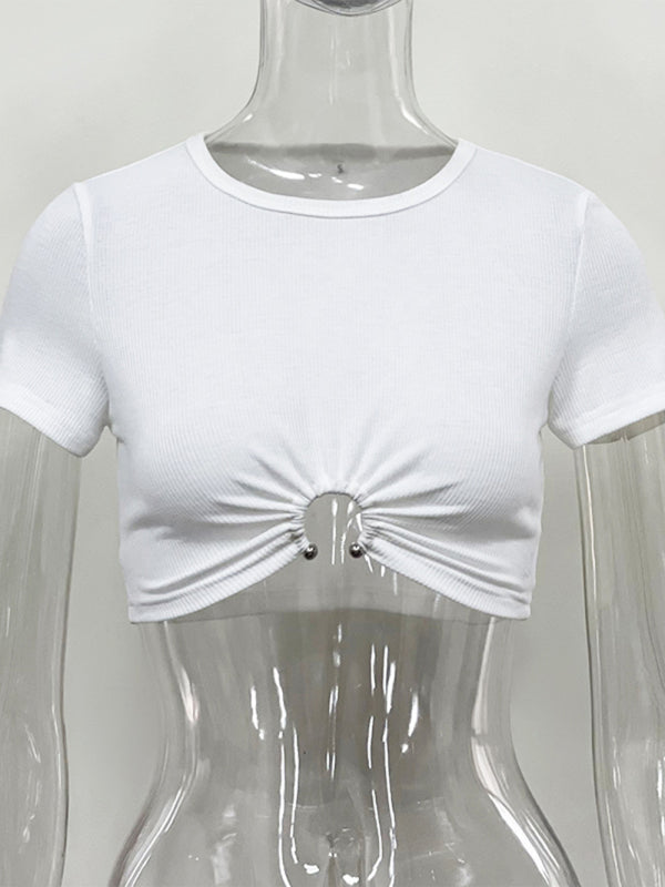 Women's pit bar exposed navel short cut-out round neck short-sleeved T-shirt