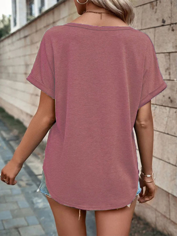 Women's Knitted Casual V-Neck Button Short Sleeve Top