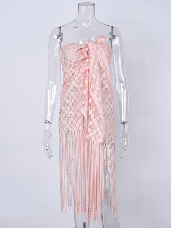 Women's hollow beach lace fringed blouse skirt
