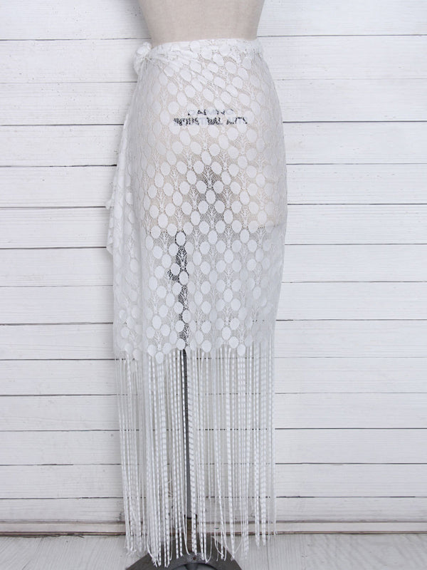 Women's hollow beach lace fringed blouse skirt