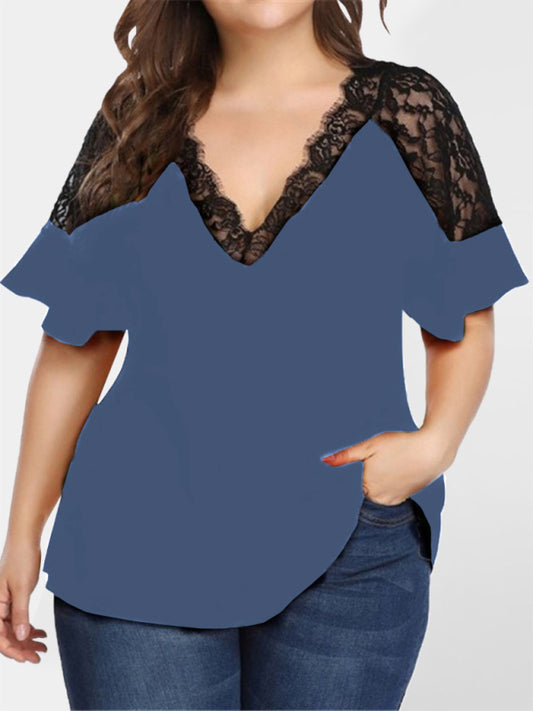 V-neck Short-Sleeved Women's Stitching Lace Solid Colour Top