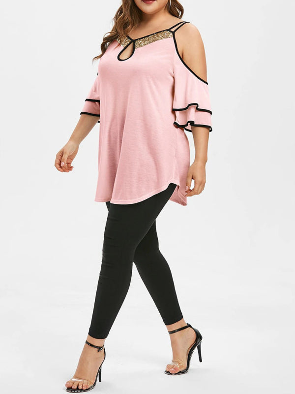 Off-shoulder sling sequined lotus leaf sleeves loose oversized short-sleeved T-shirt