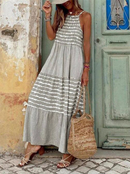 Elegant women's suspenders, round neck and large swing stitching dress