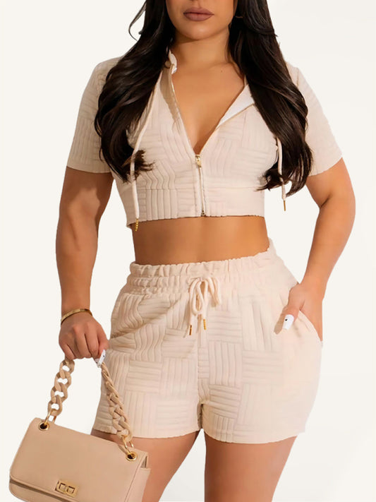 Women's plaid toweling hooded cardigan top shorts two-piece set