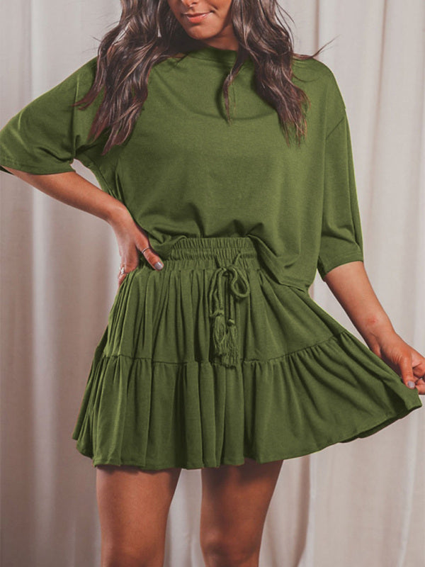 Women's casual home short-sleeved loose round neck top pleated skirt two-piece set