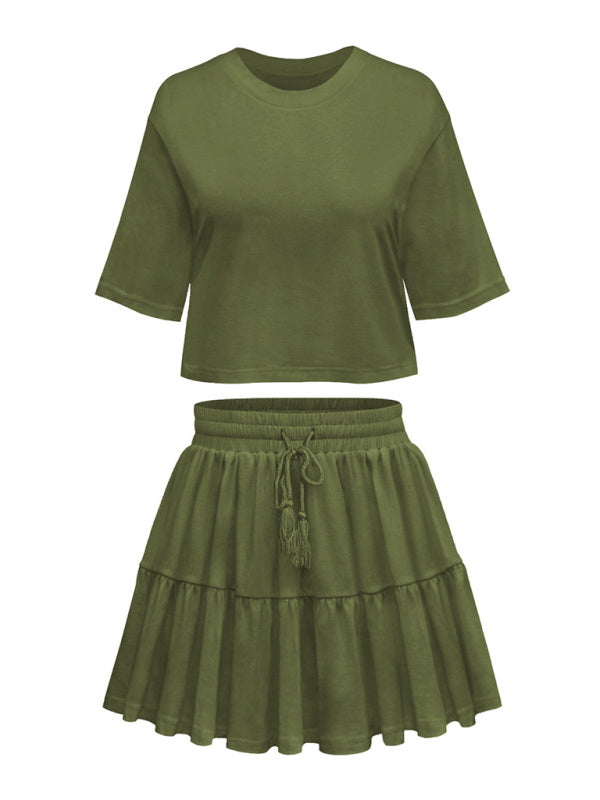 Women's casual home short-sleeved loose round neck top pleated skirt two-piece set