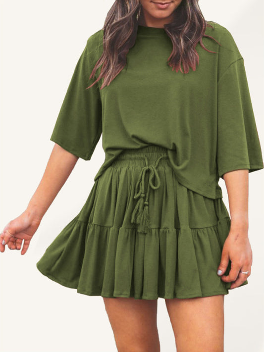 Women's casual home short-sleeved loose round neck top pleated skirt two-piece set