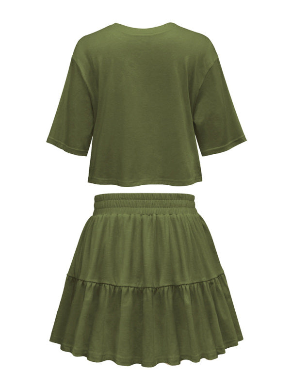 Women's casual home short-sleeved loose round neck top pleated skirt two-piece set