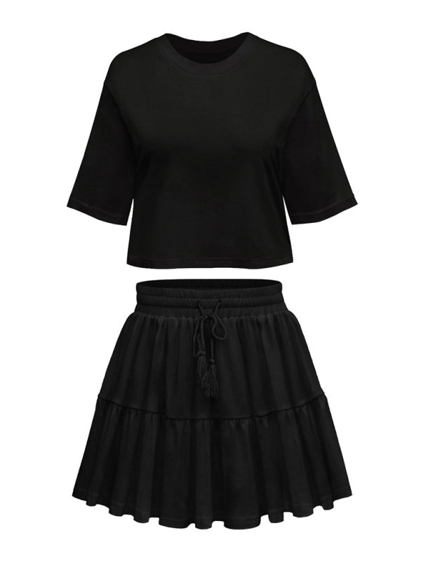 Women's casual home short-sleeved loose round neck top pleated skirt two-piece set