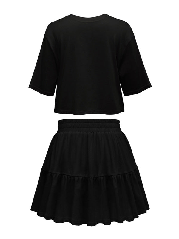 Women's casual home short-sleeved loose round neck top pleated skirt two-piece set