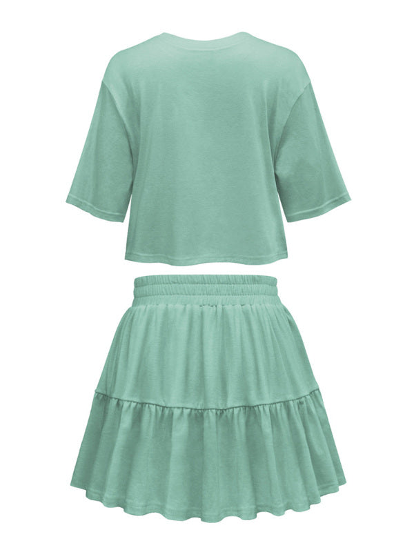 Women's casual home short-sleeved loose round neck top pleated skirt two-piece set