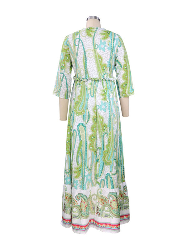 Women's Long Sleeve V-Neck Bohemian Print Dress