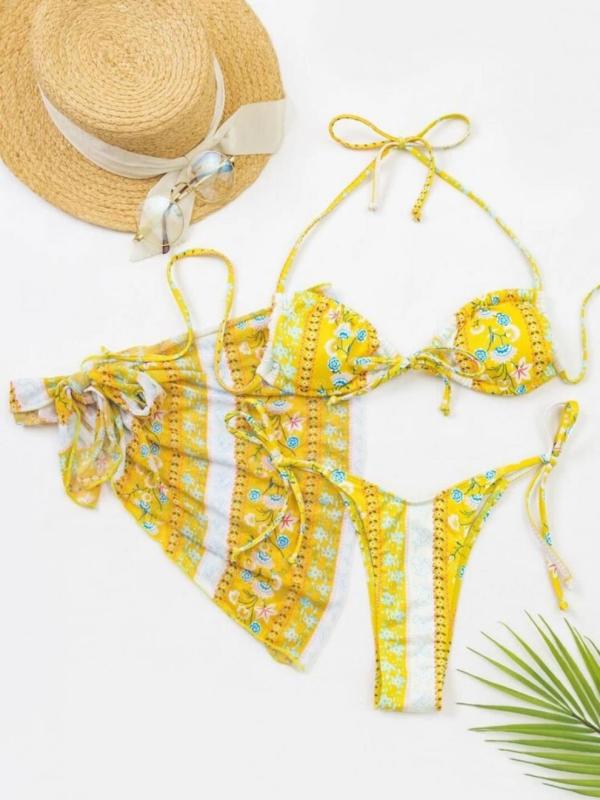 Yellow Floral Print Bikini & Wrap Skirt Set