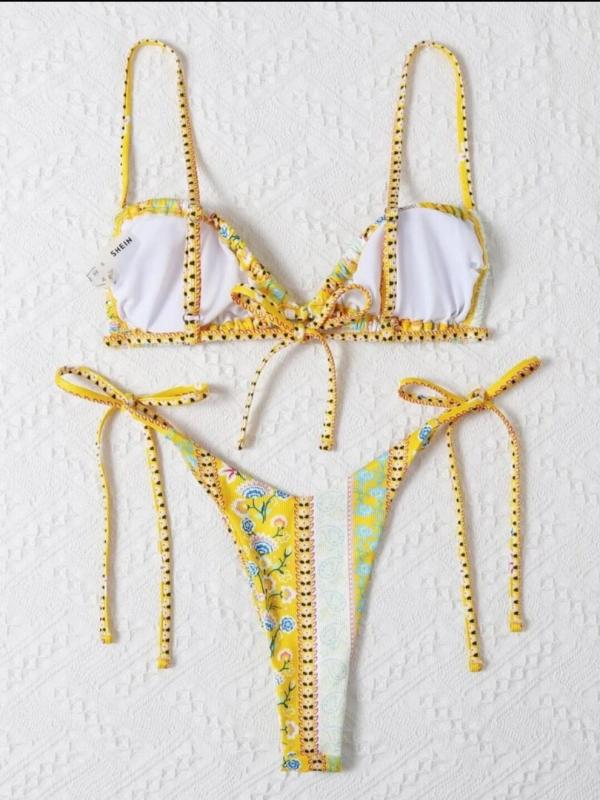 Yellow Floral Print Bikini & Wrap Skirt Set