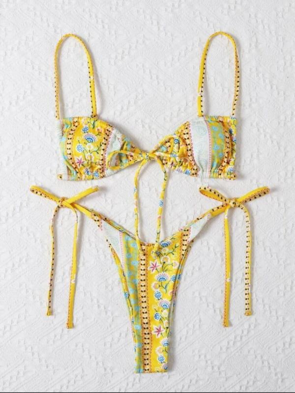 Yellow Floral Print Bikini & Wrap Skirt Set