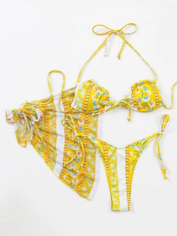 Yellow Floral Print Bikini & Wrap Skirt Set