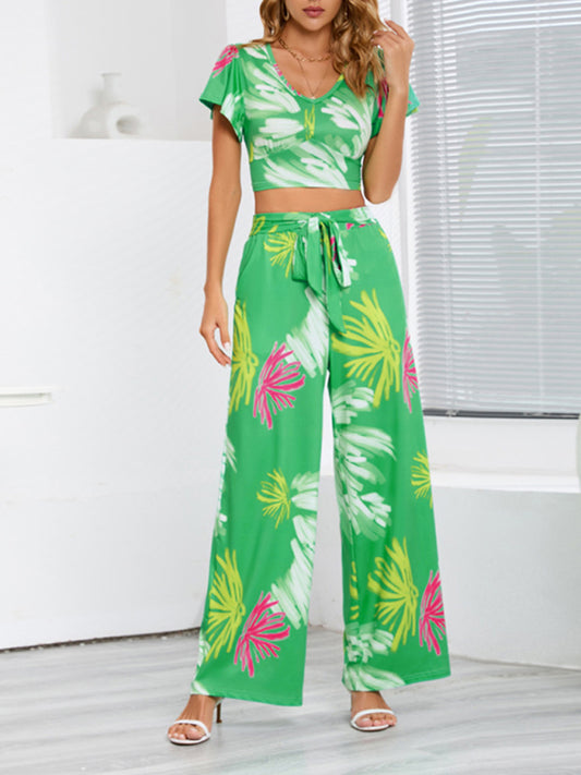 Tropical Print Crop Top & Pants Set