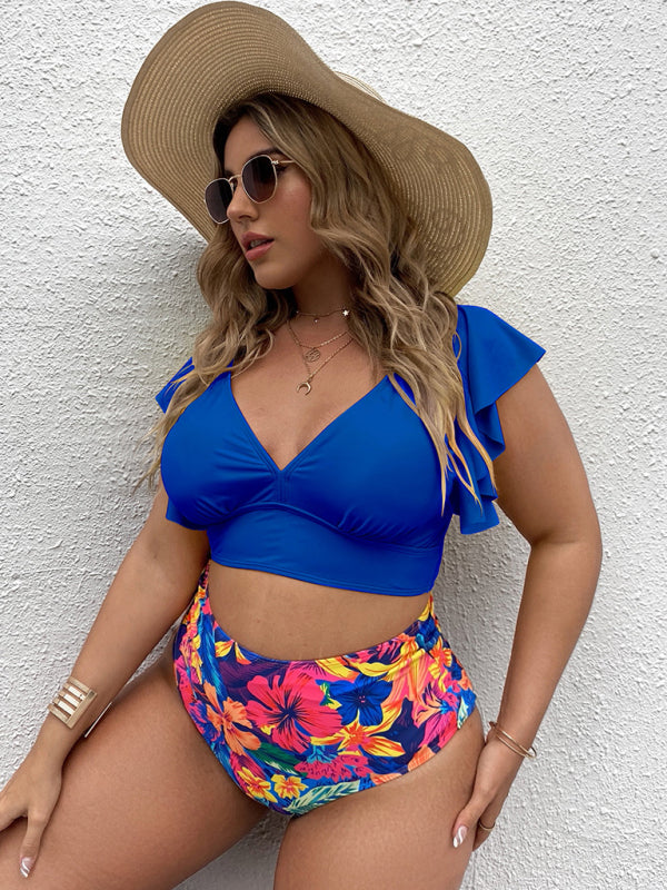Black Frill Top & Floral High Waist Bottom Bikini Set