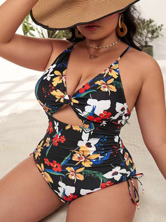 Black Floral Push-up Hollow One-Piece Swimsuit