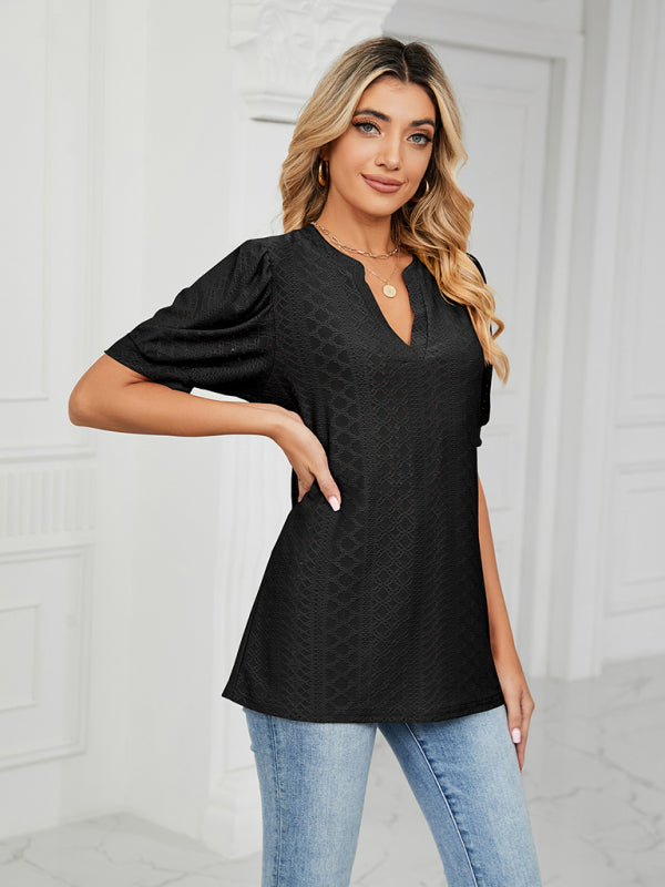 Women's knitted casual V-neck solid color hollow puff sleeve loose T-shirt