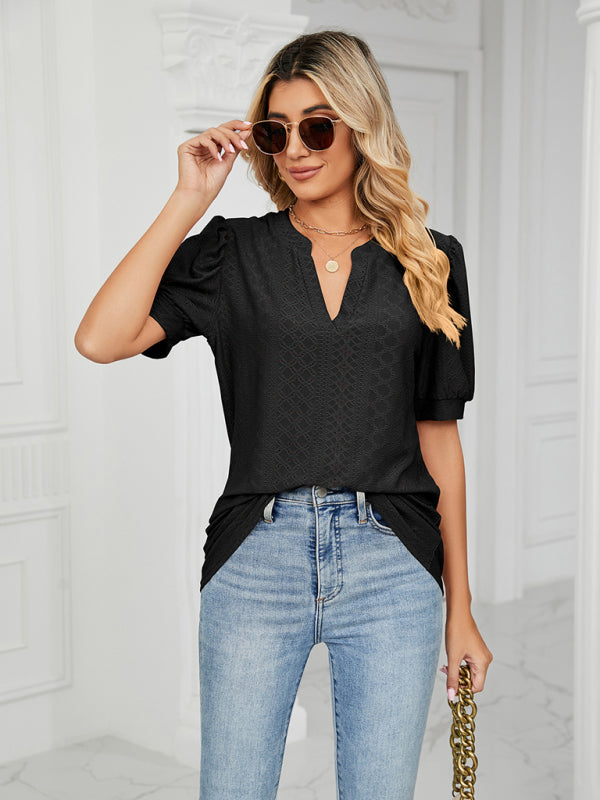 Women's knitted casual V-neck solid color hollow puff sleeve loose T-shirt