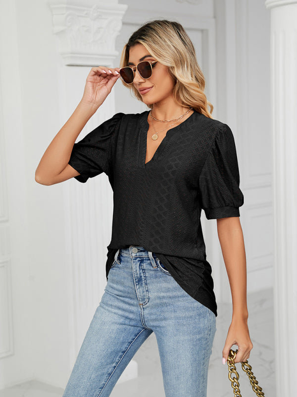 Women's knitted casual V-neck solid color hollow puff sleeve loose T-shirt