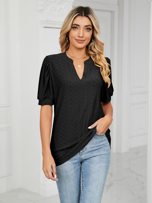 Women's knitted casual V-neck solid color hollow puff sleeve loose T-shirt