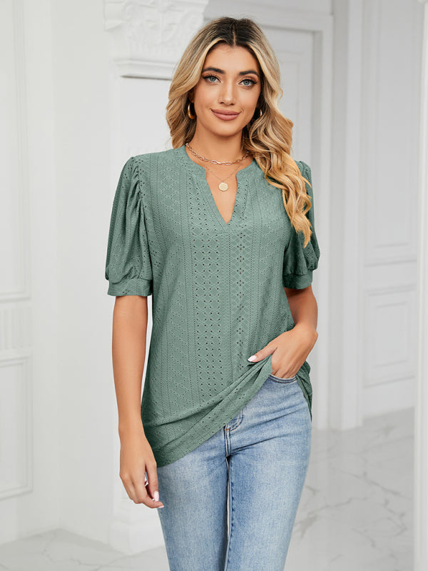 Women's knitted casual V-neck solid color hollow puff sleeve loose T-shirt