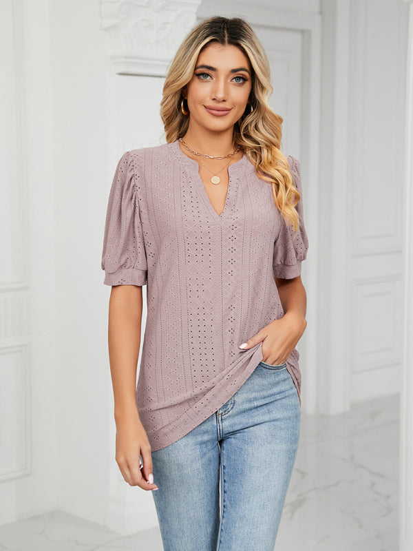 Women's knitted casual V-neck solid color hollow puff sleeve loose T-shirt