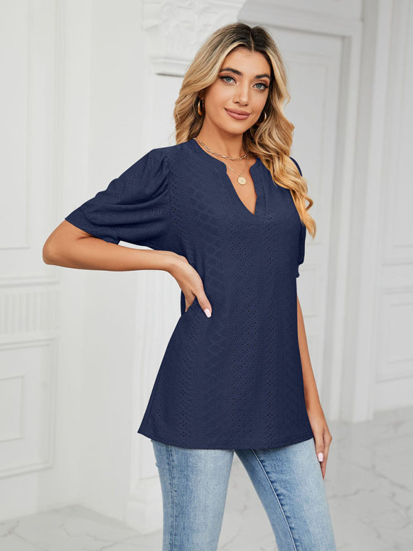 Women's knitted casual V-neck solid color hollow puff sleeve loose T-shirt